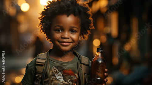 Black child holding bottle of water.