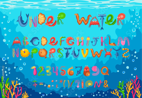 Sea animal font, ocean underwater type, aquatic typeface, marine alphabet letters and numbers. Vector typography abc set made of cartoon fish and seafood animal characters, seaweed, coral and seashell