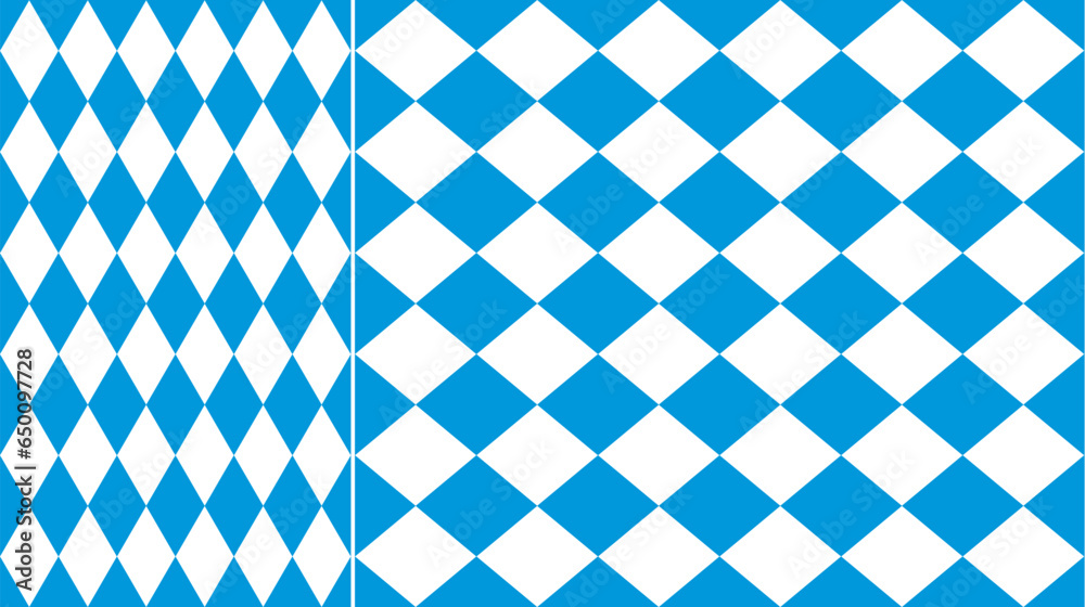 Bavarian pattern, Oktoberfest background, german blue white rhombus flag. Vector seamless pattern of diamond geometric shapes, Oktoberfest festival backdrop, beer fest or party background - obrazy, fototapety, plakaty 