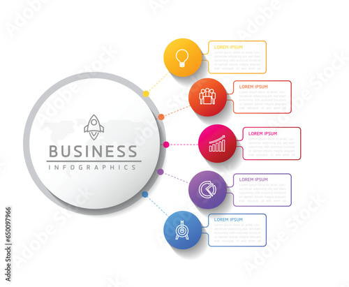 Vector infographic business presentation template with circular interconnection with 5 options.