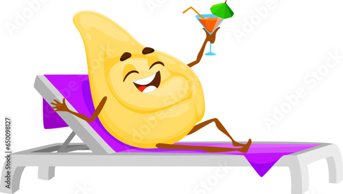 Cartoon tortellini pasta character taking sunbath with cocktail on summer beach vacation. Happy italian macaroni food vector personage relaxing on chaise lounge chair with refreshing drink
