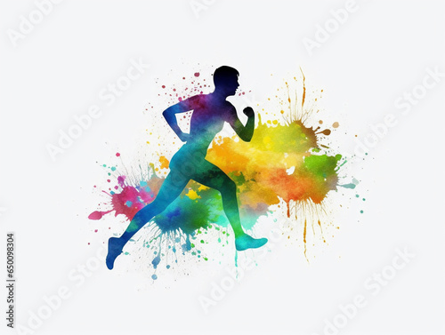 Watercolor style silhouette of person running with colorful paint splash on white background. Created with Generative AI technology.