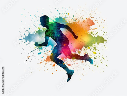 Watercolor style silhouette of man running with colorful paint splash on white background. Created with Generative AI technology.