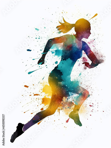 Watercolor style silhouette of woman running with colorful paint splash on white background. Created with Generative AI technology.