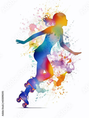 Watercolor style silhouette of girl roller skating with colorful paint splash on white background. Created with Generative AI technology.