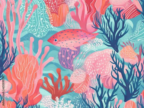 Watercolor style cute vibrant sea life pattern with colorful coral reefs, fish and marine creatures. Created with Generative AI technology