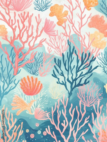Watercolor style cute vibrant sea life pattern with colorful coral reefs  fish and marine creatures. Created with Generative AI technology