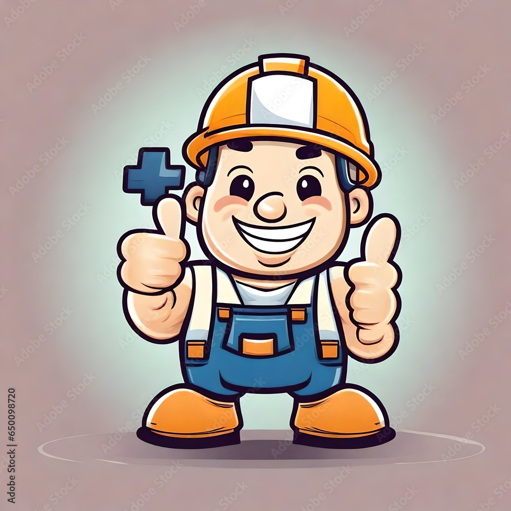 A cute happy cartoon illustration of a male construction worker builder mascot doing a thumbs-up hand gesture. A cute happy cartoon illustration of a male construction worker builder mascot doing a thumbs-up hand gesture.