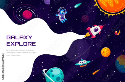 Galaxy explore. Flying rocket, cartoon alien and ufo in starry space. Vector background, interstellar travel banner. Rocket spaceship launch, extraterrestrial astronaut, and white smoke trail frame