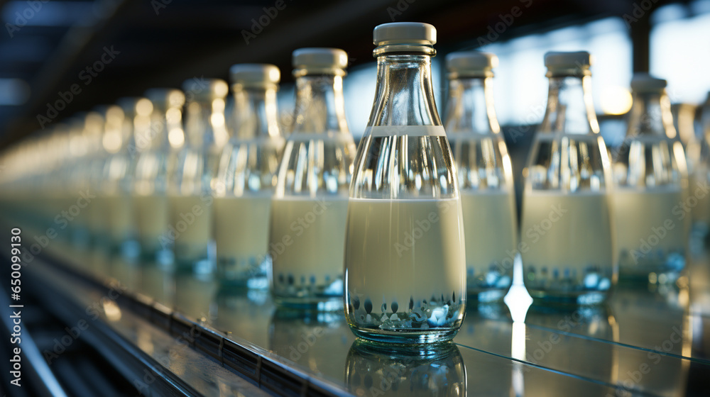 Bottles of milk in conveyor belt at factory. Bottles of milk in conveyor belt at factory.