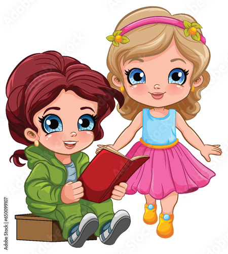 Cute Girl Reading Book Cartoon Character