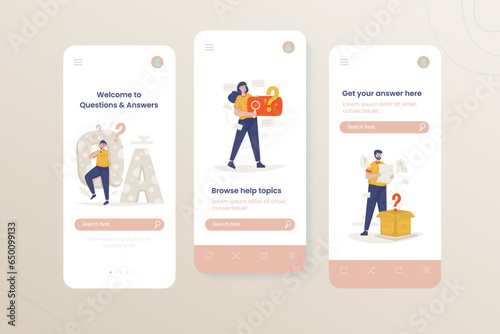Question answer page illustration onboard mobile ui screen template