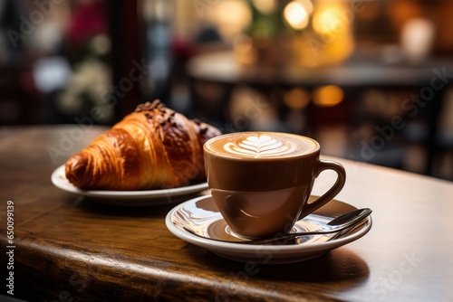 a small delicious sweet breakfast or snack at a cafe in the city  crispy butter croissant and a cup of milky cappuccino coffee or flat white latte