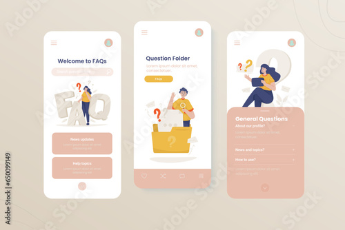 FAQ page illustration onboard mobile ui screen template