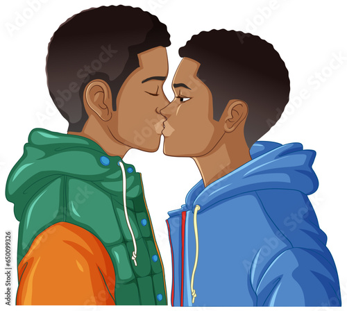 Gay couple cartoon kissing