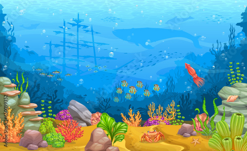 Cartoon sea underwater landscape. Marine water world background, sea animal and plants or seabed deep wildlife scene vector backdrop with sunken ship, whale, fish shoals silhouettes, squid, seaweeds