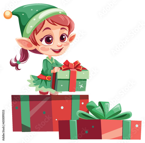 Joyful Female Elf Holding Christmas Gift