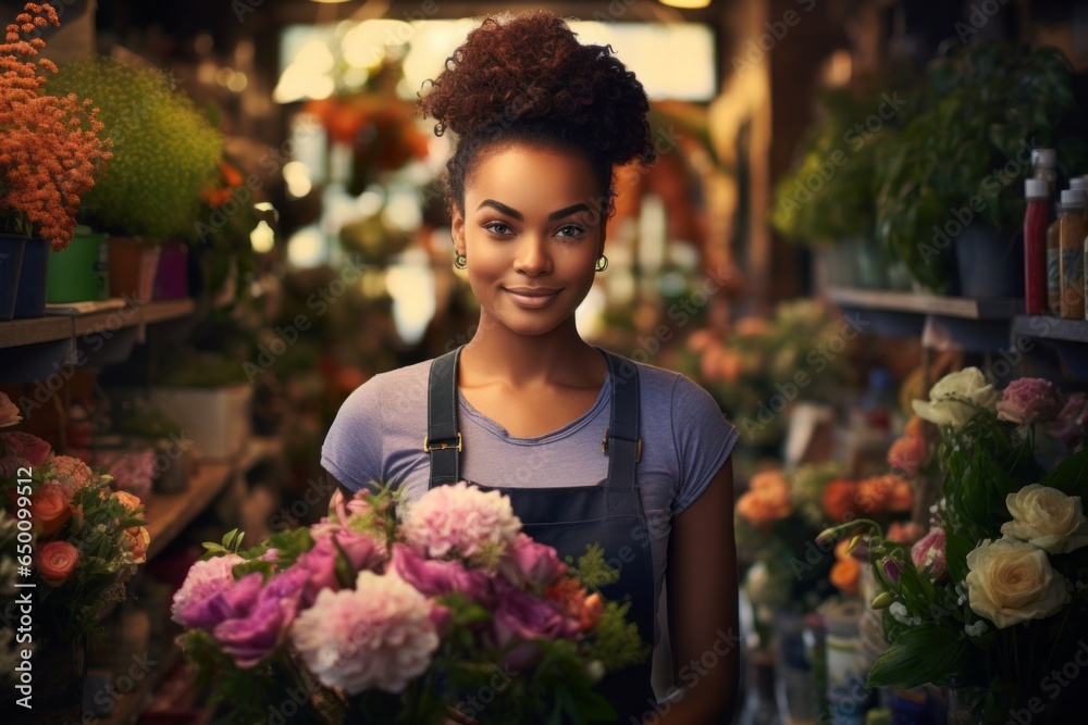 a gorgeous young blond woman working at the flower shop, surrounded by various plants, blooming flowers and bouquets and decoration