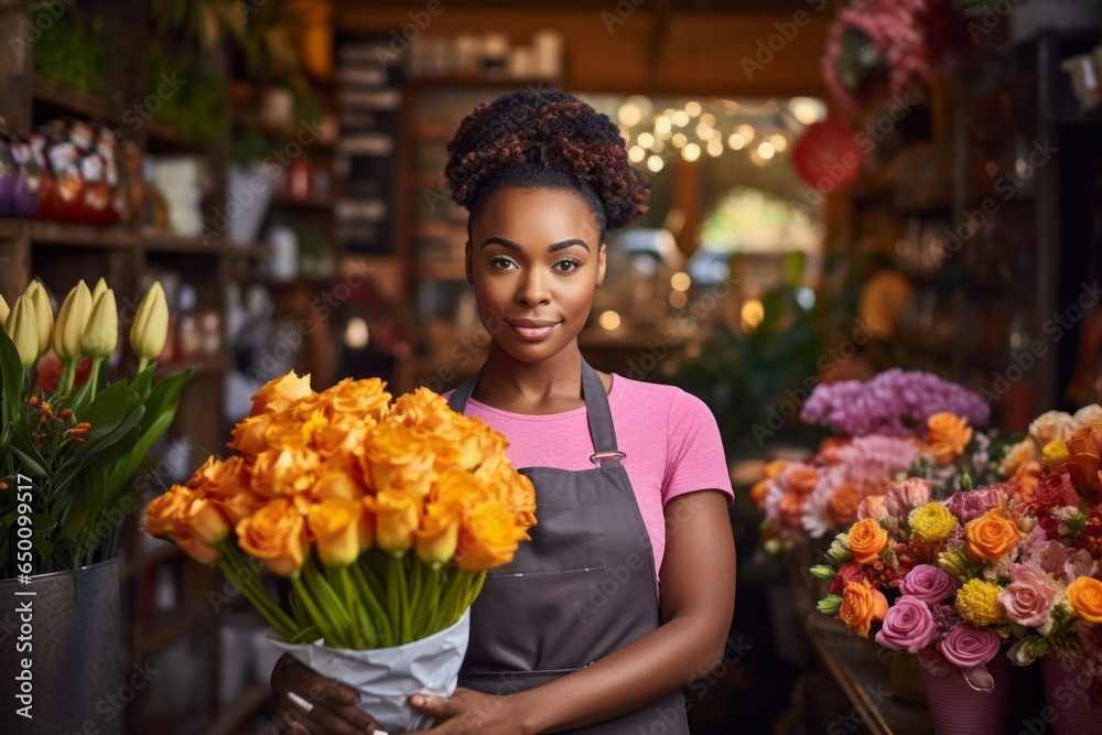 a gorgeous young blond woman working at the flower shop, surrounded by various plants, blooming flowers and bouquets and decoration