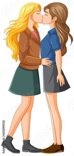 Lesbian couple kissing cartoon isolated