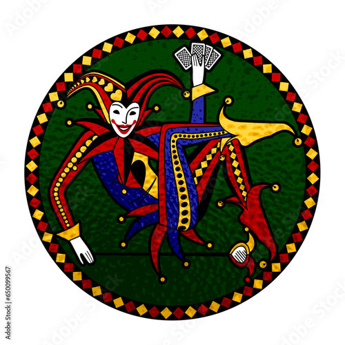 Colorful round decorative stained glass frame with a lying and smiling Joker of playing cards isolated on white. Vector illustration