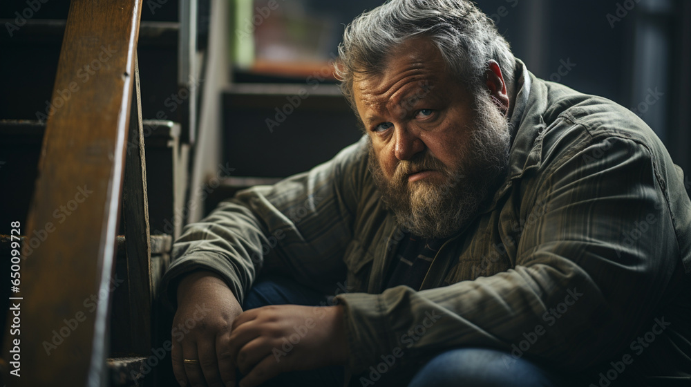 Sad fat man sitting on the stairs. Sad fat man sitting on the stairs.