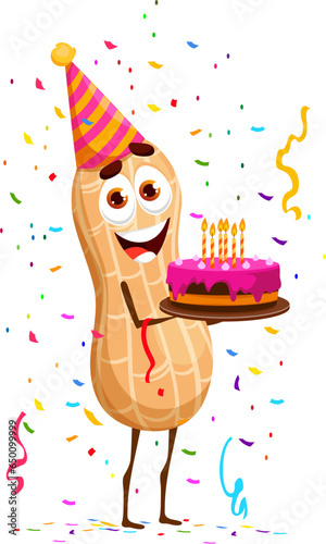 Cartoon peanut nut character on birthday holiday. Kids birthday greeting nut comical personage, children congratulating or holiday event snack, peanut isolated vector happy mascot with sweet cake