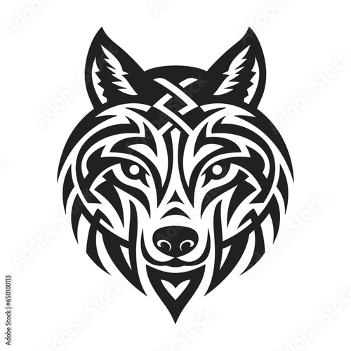 Tribal tattoo of the wolf head in Celtic and Nordic ornament flat style design vector illustration isolated on white background. Scandinavian Viking symbol of the wolf, tribal northern culture tattoo.