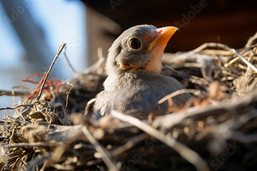 Close-up of a baby bird waiting for its mother in a bird's nest