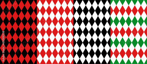 Circus harlequin patterns. Rhombus lozenge pattern of carnival or chapiteau vector background. Color diamond geometric shapes seamless ornaments set, circus clown, joker or harlequin backdrops