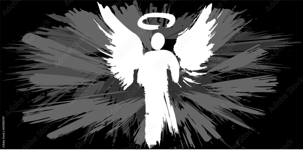 Angel depicted as a simple vector silhouette with blurred abstract ...