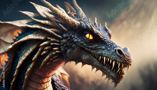 Dragon head close-up. Mythological creatures. Fantasy monster. Ancient reptile.