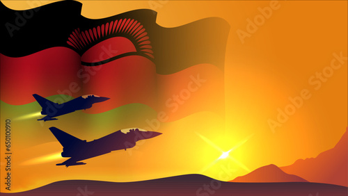 fighter jet plane with malawi waving flag background design with sunset view suitable for national malawi air forces day event