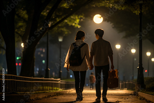 Young Couple Enjoying a Moonlit Walk, Embracing the Full Moon and Indulging in Mooncakes