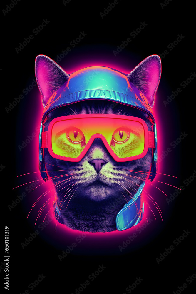Portrait of futuristic retro cat on black background. Abstract animal artwork Portrait of futuristic retro cat on black background. Abstract animal artwork