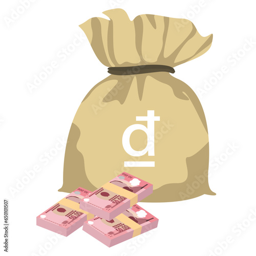 Vietnam Dong Vector Illustration. Vietnamese money set bundle banknotes. Money bag 50000 VND. Flat style. Isolated on white background. Simple minimal design.