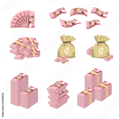 Vietnam Dong Vector Illustration. Huge packs of Vietnamese money set bundle banknotes. Bundle with cash bills. Deposit, wealth, accumulation and inheritance. Falling money 50000 VND
