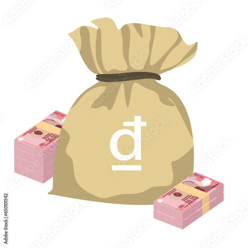 Vietnam Dong Vector Illustration. Vietnamese money set bundle banknotes. Money bag 50000 VND. Flat style. Isolated on white background. Simple minimal design.
