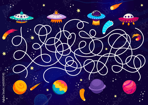 Labyrinth maze quiz game. Help to UFO saucer find a home planet kids puzzle vector worksheet on starry space landscape background. Cartoon comets, stars and nebulae, planets and alien spacecraft game