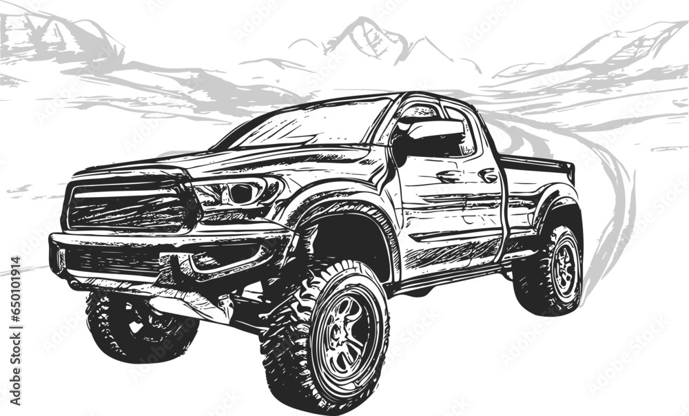 Pickup truck off-roading in the mountains rendered as a flat design vector drawing