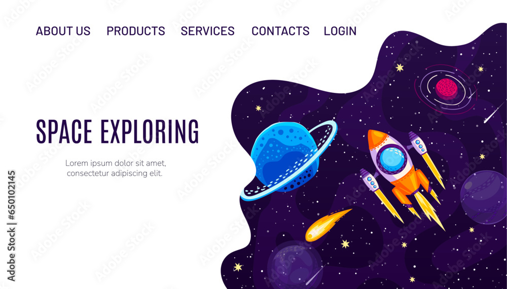 © Vector Tradition - Galaxy space adventure landing page with cartoon flying spaceship at starry galaxy, vector website background. Rocket in outer space to galactic planets for website landing page with menu buttons © Vector Tradition - Galaxy space adventure landing page with cartoon flying spaceship at starry galaxy, vector website background. Rocket in outer space to galactic planets for website landing page with menu buttons