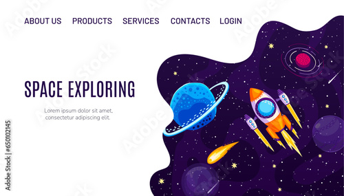 Galaxy space adventure landing page with cartoon flying spaceship at starry galaxy, vector website background. Rocket in outer space to galactic planets for website landing page with menu buttons