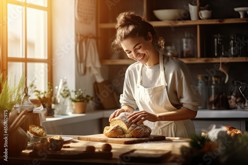 Young woman baker chef is smiling at a bunch of dough balls on a counter of a bakery