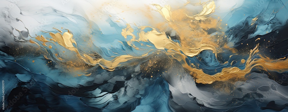 abstract painting over white wall with blue gray and gold colors