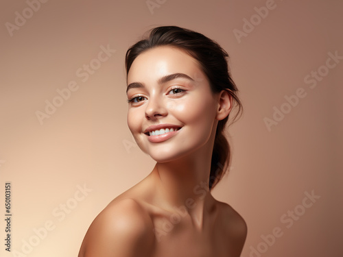 Portrait Skincare concept of young beautiful woman with glowing skin isolated on beige background