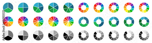 Circle pie chart icons. Pie charts diagram. Colorful diagram. Set of different color circles isolated. Pie chart for data analysis, business presentation, UI, web design. Vector illustration photo