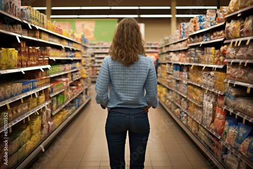 a young woman standing in a supermarket in the aisle with her back turned to the camera ready to shop or supervise the grocery store photo