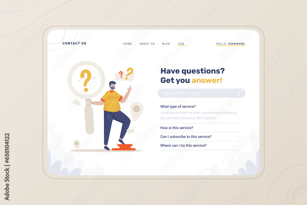 FAQ page question answer illustration on landing page template