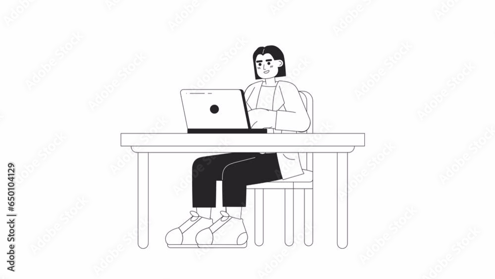Hispanic female supervisor with laptop sitting bw 2D character ...
