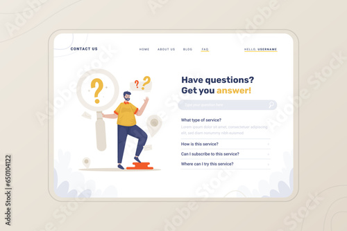 FAQ page question answer illustration on landing page template